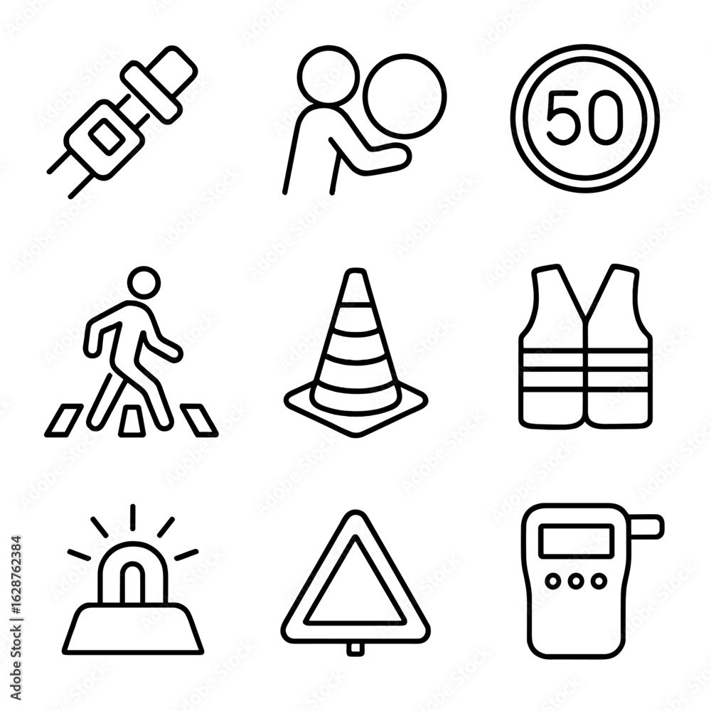 Fototapeta premium Road Safety Icons. Line style icons of Road Traffic Safety: seat belt buckle, airbag icon, speed limit sign, pedestrian crossing,