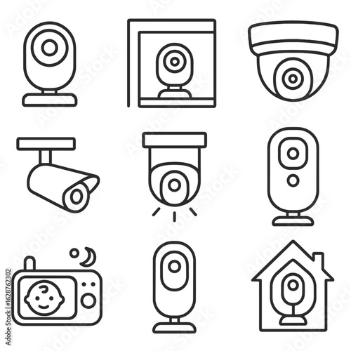 Indoor Camera Icons. Outline style icons of Indoor Surveillance Cameras: small desk camera, camera on bookshelf, indoor dome
