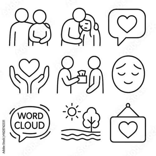 Emotional Support Icons. Outline style icons of Emotional Support Actions: comforting gesture, shoulder to cry on, talking bubble