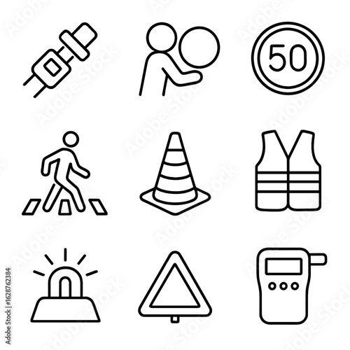Road Safety Icons. Line style icons of Road Traffic Safety: seat belt buckle, airbag icon, speed limit sign, pedestrian crossing,