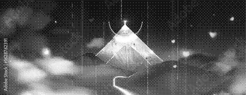 Fantastic night landscape with crescent moon and gold  mysterious pyramid bitmap . Desert. A beautiful, colorful, and romantic scene of a mountain range with a pink and purple sky is filled with stars