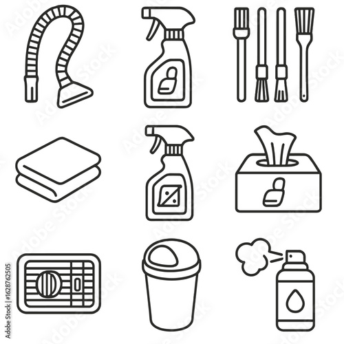 Car Detailing Icons. Line style icons of Car Interior Detailing: interior vacuum hose, upholstery cleaner spray, detailing brush