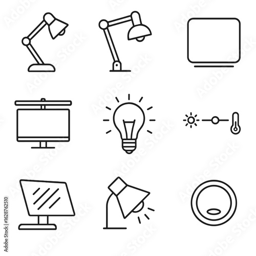 Home Office Lighting Icons. Line style icons of Home Office Bright Ideas: adjustable desk lamp, clamp arm light, monitor backlight