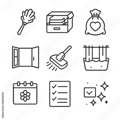 Spring Cleaning Icons. Line style icons of Spring Cleaning Checklist: feather duster, closet organizer box, donation bag, window