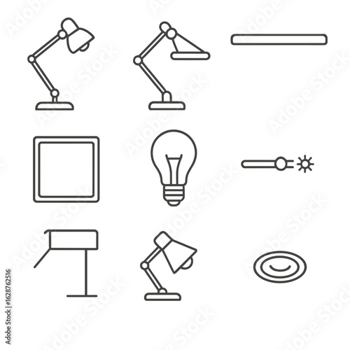 Home Office Lighting Icons. Line style icons of Home Office Bright Ideas: adjustable desk lamp, clamp arm light, monitor backlight