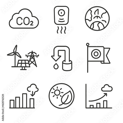 Climate Icon Set. Line style icons of Climate & Air Quality Link: CO₂ cloud, methane leak sensor, radiative forcing bar, warming