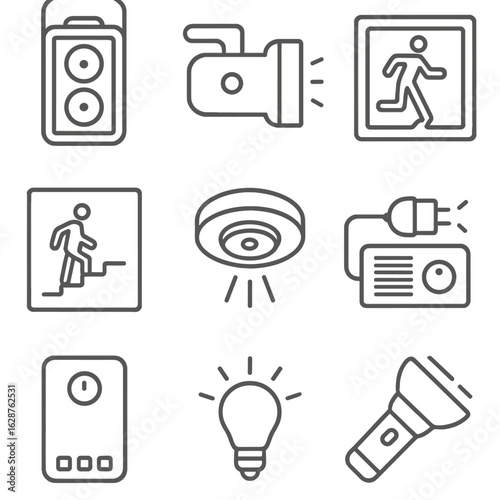 Emergency Light Icons. Line style icons of Emergency Backup Lights: battery lantern, hand-crank torch, exit sign, stair egress