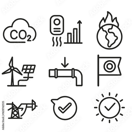 Climate Icon Set. Line style icons of Climate & Air Quality Link: CO₂ cloud, methane leak sensor, radiative forcing bar, warming