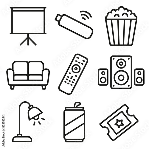 Family Movie Night Icons. Line style icons of Family Movie Night: projector screen, streaming stick, popcorn bucket, couch sofa,