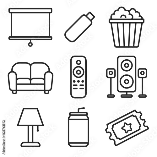 Family Movie Night Icons. Line style icons of Family Movie Night: projector screen, streaming stick, popcorn bucket, couch sofa,