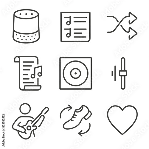 Music Jam Icons. Line style icons of Streaming Music Jam Session: smart speaker, playlist queue, shuffle arrows, lyrics scroll,