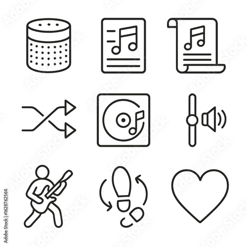 Music Jam Icons. Line style icons of Streaming Music Jam Session: smart speaker, playlist queue, shuffle arrows, lyrics scroll,
