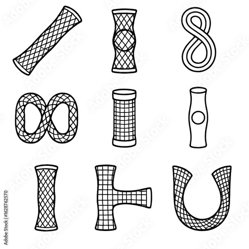 Mesh & Marble Icons. Line style icons of Mesh & Marble Fidgets: mesh tube, marble peeker, twist-and-peek tube, linked mesh set,