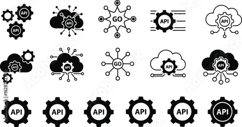 CAD drawing flat vector illustration, software engineering icons, gear, cloud computing, API integration, network symbols, digital technology graphics