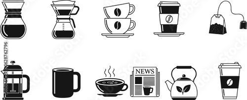 Coffee and tea icon vector set, black silhouette illustrations of mugs, brewers, cups, tea bags, kettles, and cozy accessories