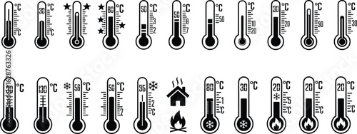 Thermometer icon vector set, black silhouette illustrations with temperature indicators, Celsius degrees, heat, cold, and contextual symbols
