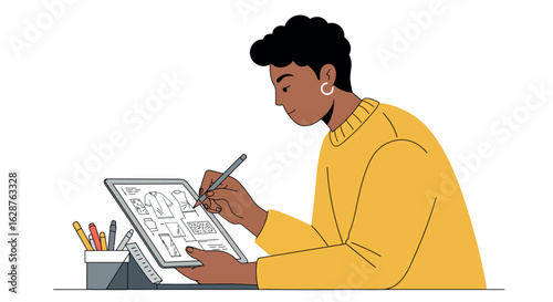 Modern designer creating fashion sketches on digital tablet with pen