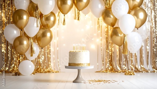 Celebrating with Cake Balloons and Shimmering Backdrop