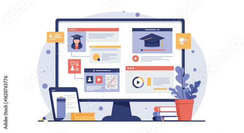 E-learning concept with online courses and digital education platform in flat design