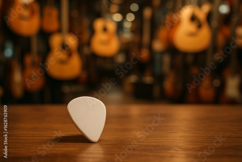 White guitar pick standing on a wooden table. Blurred guitars are in the background.