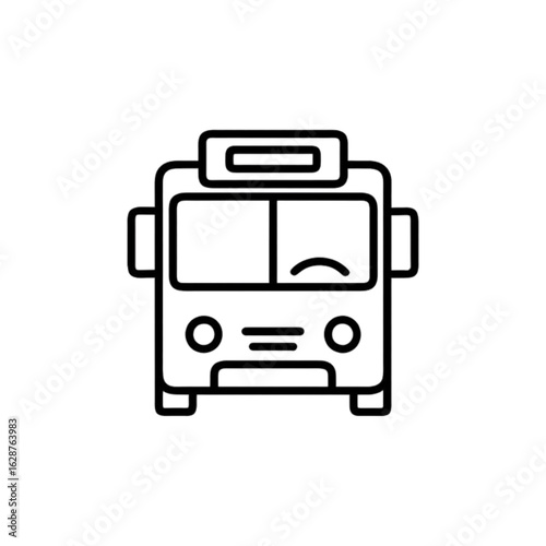 Line drawing of a front view city bus with headlights and signage  