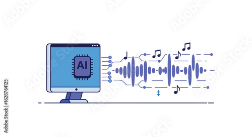 Ai music generation concept with sound waves and computer interface