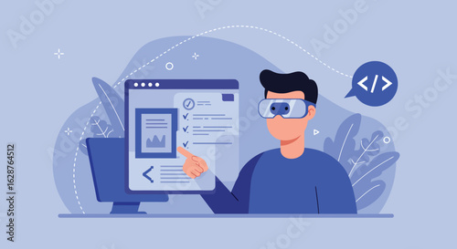Modern tech developer in virtual reality coding environment with digital interface