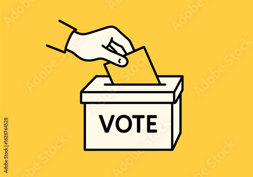 Flat vector illustration of a hand casting a ballot into a voting box with the word VOTE on a yellow background.
