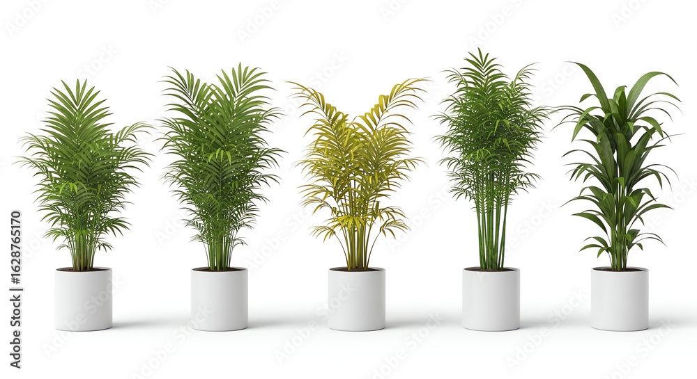 Fototapeta premium Five potted palm trees isolated on white background