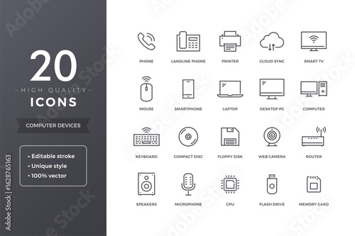 Modern outline icons of essential computer devices for websites and app designs, providing clear visual communication