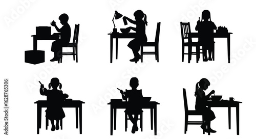 Children engaged in various activities at tables silhouettes chairs