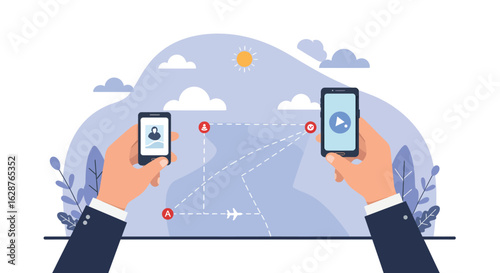 Navigation concept with hands holding smartphones and flight path in flat style