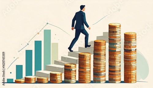 Business growth concept with man climbing stairs made of coins.