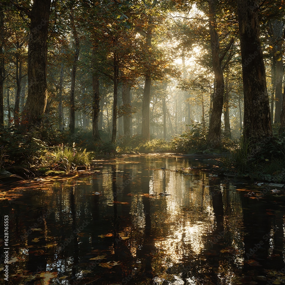 Obraz premium Tranquil forest stream reflecting trees under soft sunlight in autumn