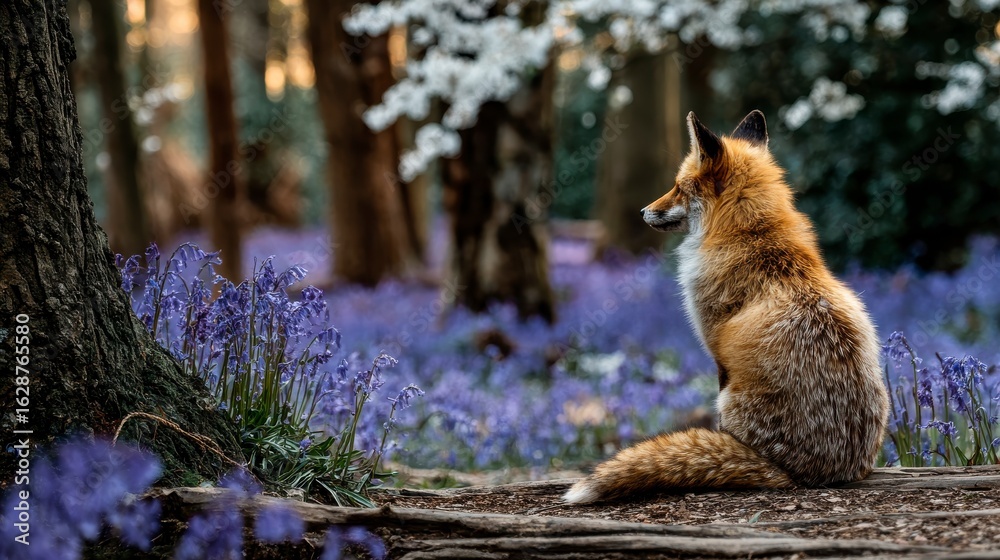 Naklejka premium Fox Sitting Calmly Among Bluebell Flowers in a Serene Forest Scene with Soft Light and Natural Beauty