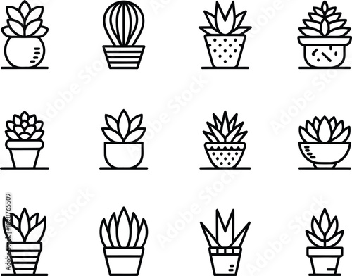 Collection of Cactus and Succulent Plant Icons in Pots Various Styles and Designs Black and White Line Art
