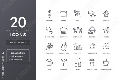Stylish food and drinks icons for modern culinary branding and restaurant menus.