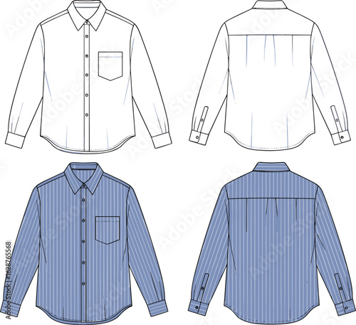CAD drawing flat vector illustration of classic striped button-up shirt, front and back view, long sleeve garments dress design,