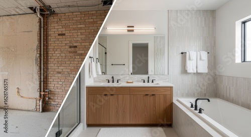 Before and after comparison highlights the dramatic transformation of a bathroom, showcasing the power of renovation to create a stylish and functional space