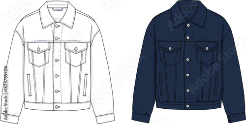 Classic denim jacket front and back CAD flat sketch, vector fashion illustration for outerwear design, unisex jean jacket style