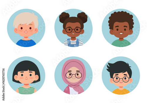 A group of six diverse children with cheerful expressions in circular frames. Ideal for school, community or inclusive kids themed content.