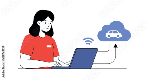 Smart car technology: woman using laptop with cloud connectivity