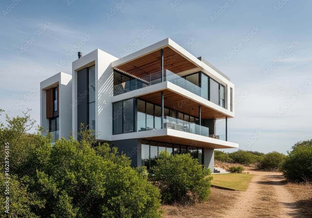 custom made wallpaper toronto digitalModern luxury residence with clean lines and expansive glass windows, featuring balconies and wooden accents, set against a backdrop of blue sky and greenery