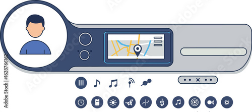User interface with gps map and multimedia controls in modern flat style