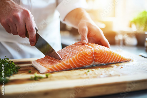 Chef slicing fresh salmon fillet on wooden cutting board
