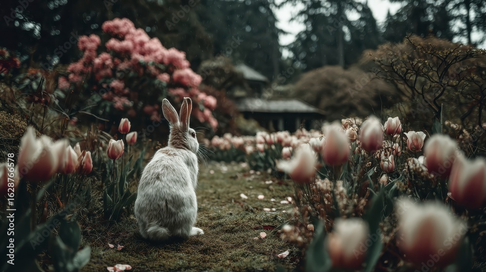 Obraz premium Rabbit Strolling Through a Tranquil Garden Surrounded by Blooming Tulips and Pink Flowers in Spring