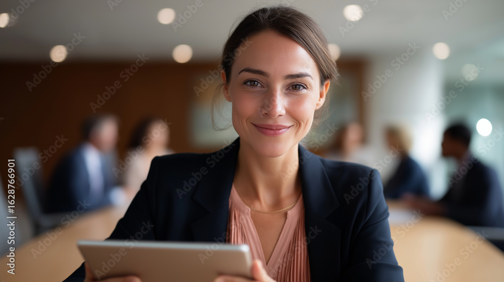 Obraz premium Professional businesswoman in modern boardroom with tablet