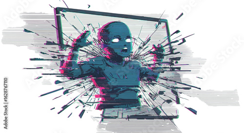 Glitch art style cyberpunk robot breakthrough with techno vibes