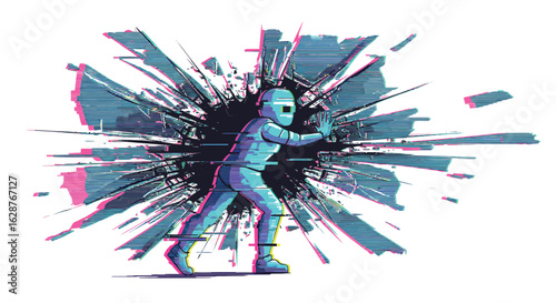 Retro futuristic robot breaking through wall in glitch art style