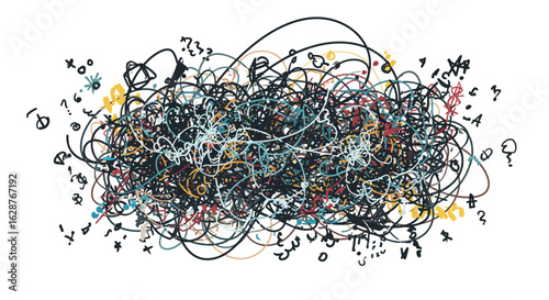 Chaotic abstract doodle art with colorful scribbles and symbols